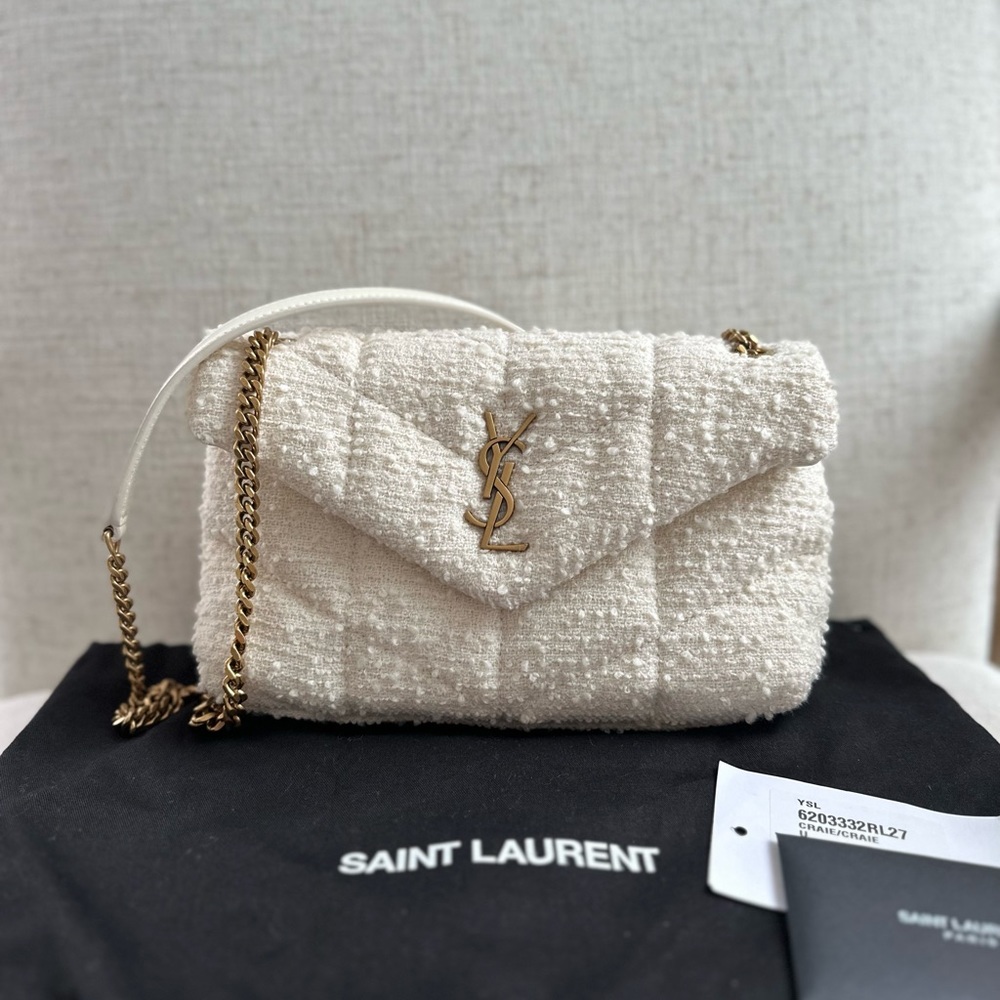 Yves Saint Laurent YSL Mini Boucle Tweed Quilted Loulou Puffer Cream Bag EUC